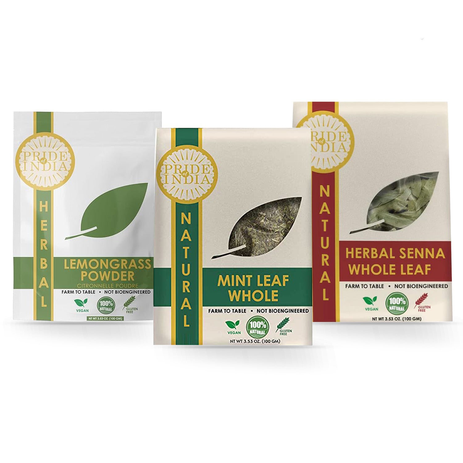 Digestive Health Trio 10.59 oz (300 gm) | Includes Mint Leaf Whole, Lemongrass Fine Cut & Senna Herbal Tea Leaf Whole | Perfect for Hot/Iced Tea, Mocktails | Promotes Inner Wellness | 3 PACK of 3.53 oz - Pride Of India