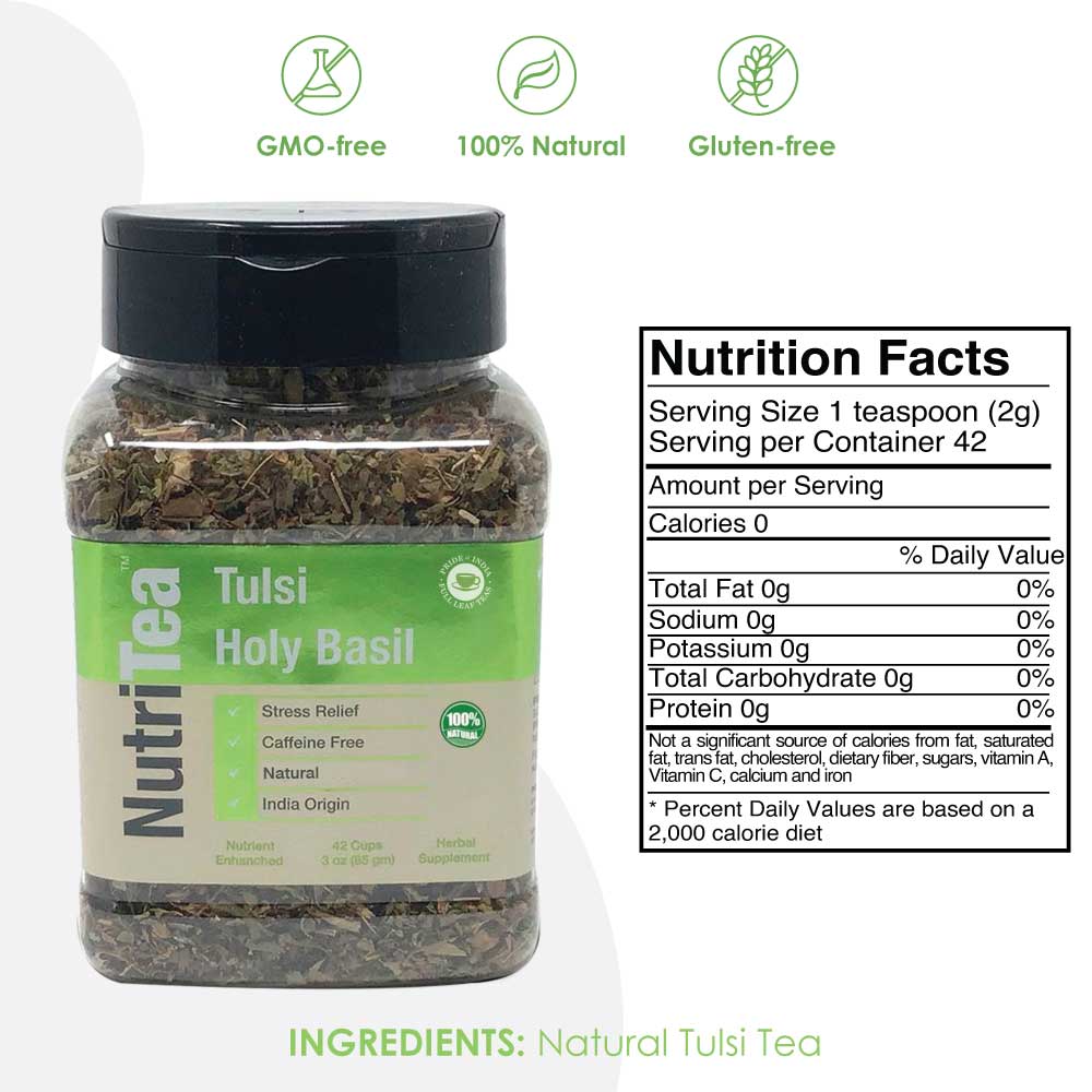 NUTRITEA Natural Tulsi Holy Basil Herbal Full Leaf Tea (Caffeine Free) - Pride Of India